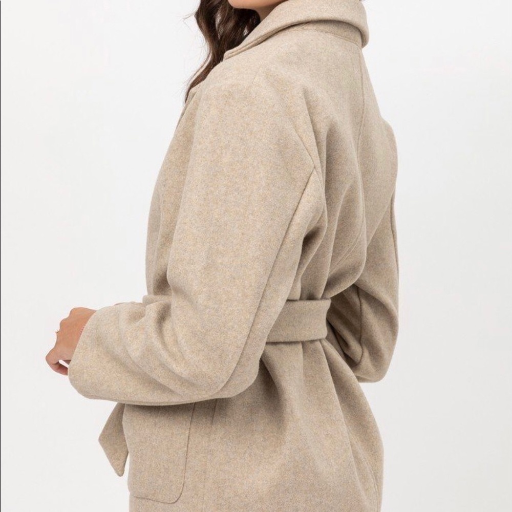 New Tan Belted Women’s Fleece Pea Coat - Picture 3 of 4